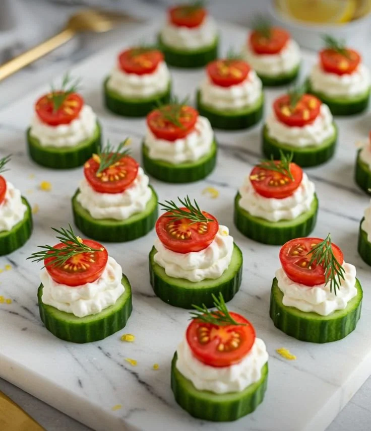 Cucumber slices topped with cream cheese, cherry tomato, and a sprig of dill, arranged on a marble surface.