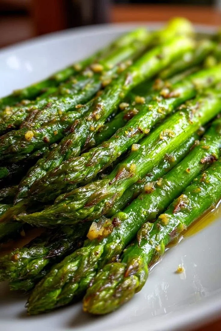 Close-up of cooked asparagus spears topped with garlic and oil, on a white plate.
