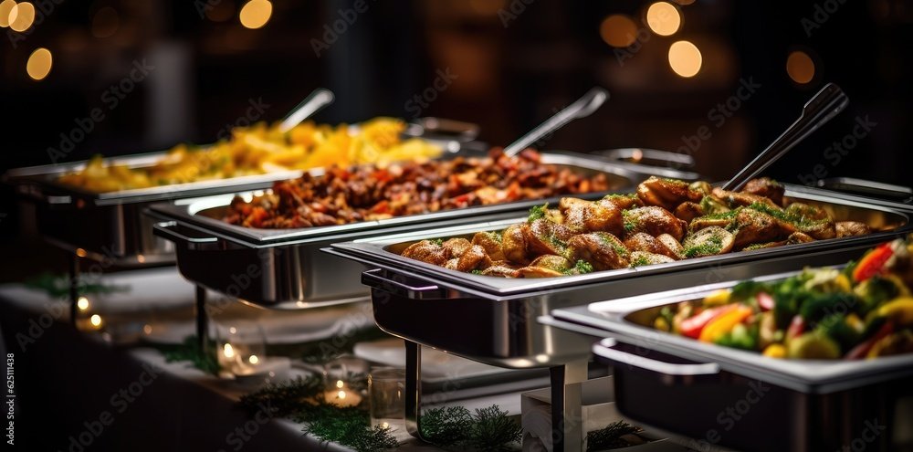 Buffet table with various hot dishes, including chicken wings, stir-fried vegetables, and pasta, in a restaurant setting.