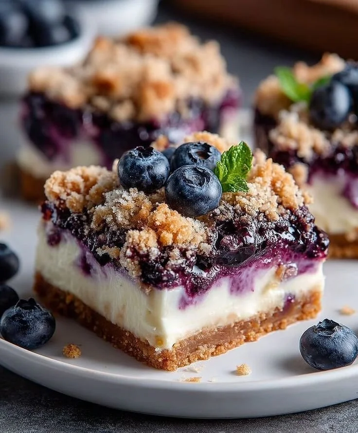 A close-up of a blueberry cheesecake bar with a graham cracker crust, topped with fresh blueberries and a mint leaf, on a white plate, with additional blueberries in the background.