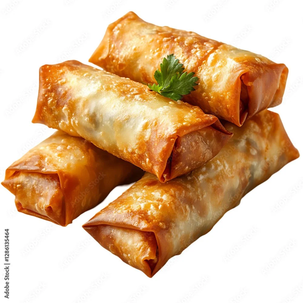 Four fried spring rolls garnished with a sprig of parsley on a white background.