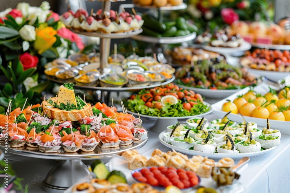 A table filled with an assortment of colorful appetizers, salads, and finger foods, including vegetable and fruit platters, small sandwiches, and various pastries and desserts, arranged for a buffet or party.