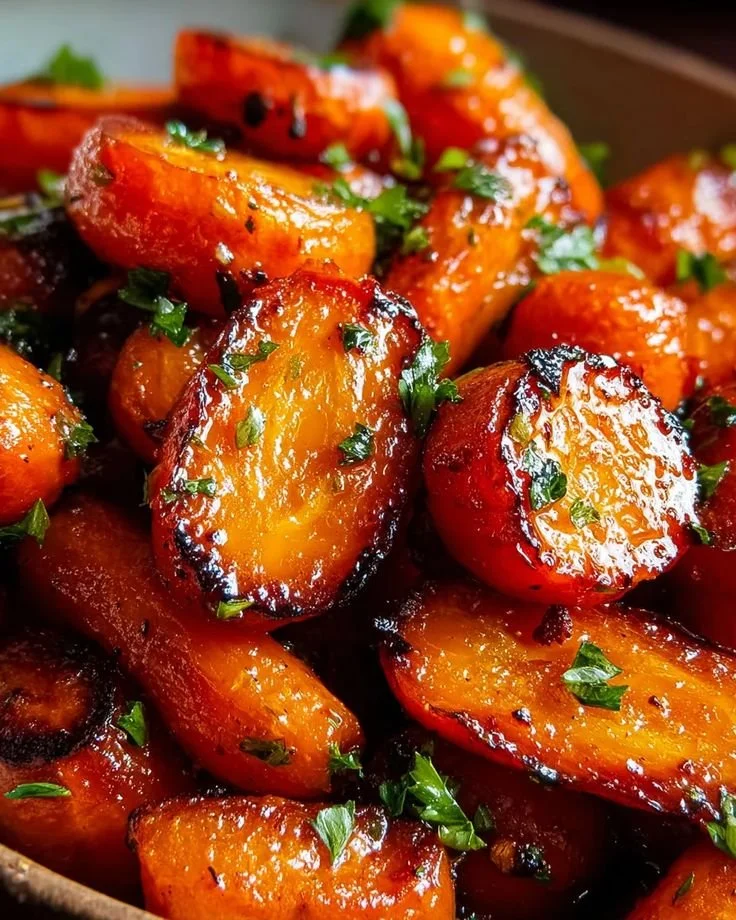 Close-up of roasted sweet potatoes garnished with chopped green herbs.