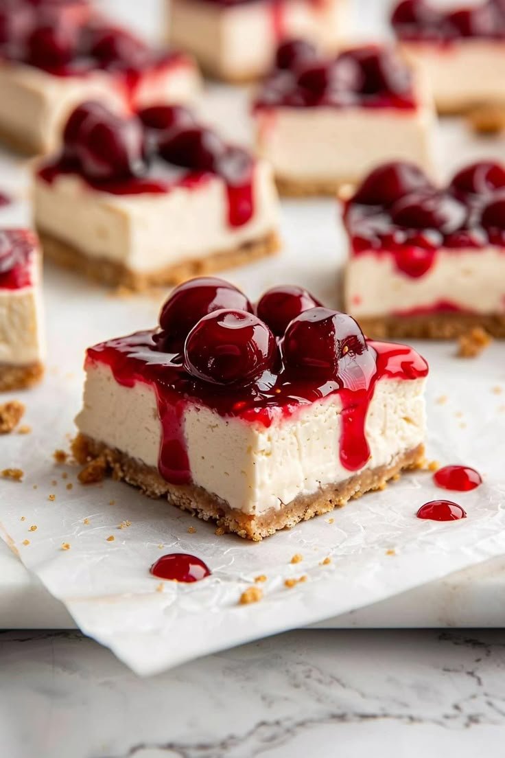 A slice of cherry cheesecake with a graham cracker crust, topped with whole cherries and cherry sauce, on white parchment paper with crumbs and cherry drops surrounding it.