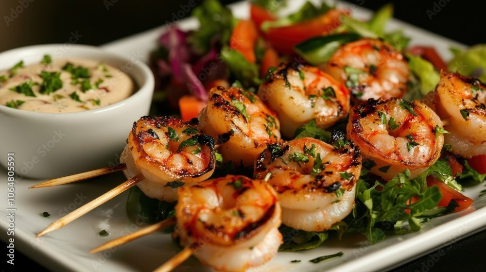 Grilled shrimp skewers garnished with herbs, served on a plate with fresh vegetables and a side of creamy sauce.