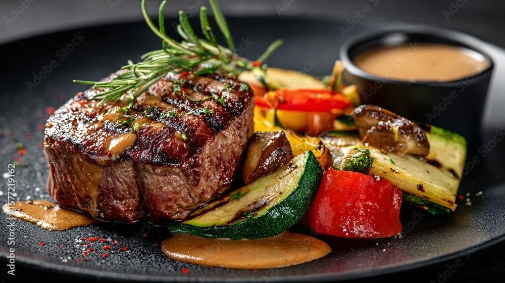 Grilled steak served with roasted vegetables and sauce in a black plate