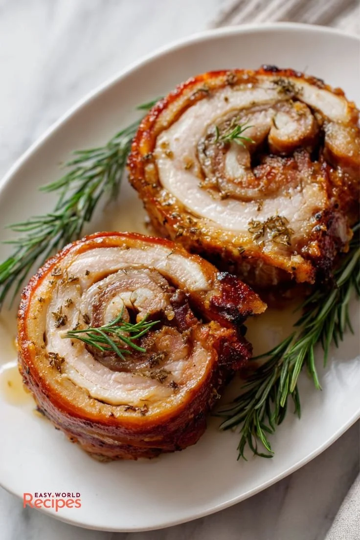 Two slices of bacon-wrapped stuffed chicken breast on a white oval plate, garnished with fresh rosemary sprigs.