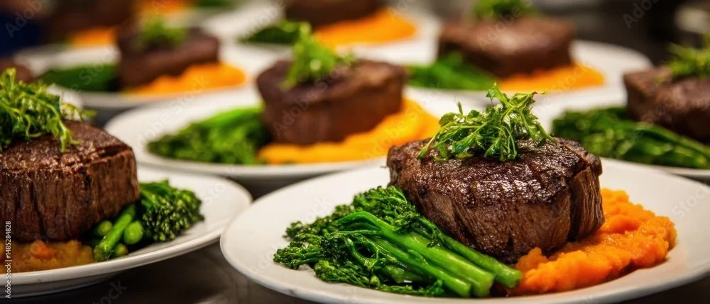 Plated servings of beef steak with mashed sweet potatoes, steamed broccoli, and green garnish.