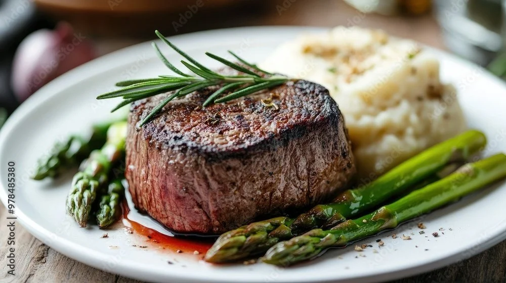 Cooked steak with rosemary, mashed potatoes, and asparagus on a white plate.
