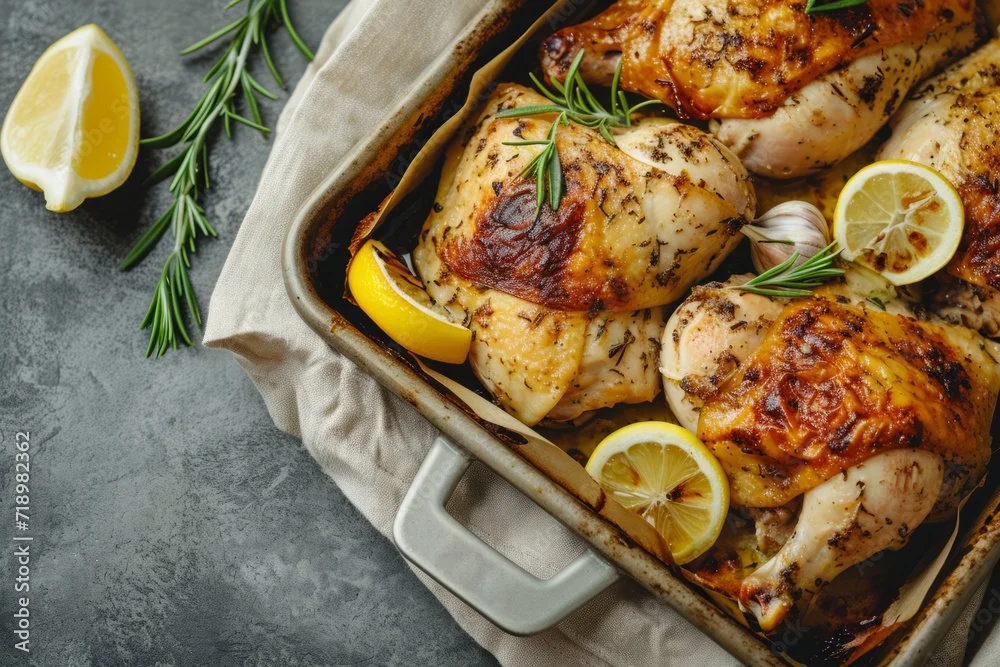 Roasted chicken pieces with lemon slices and fresh rosemary in a baking dish