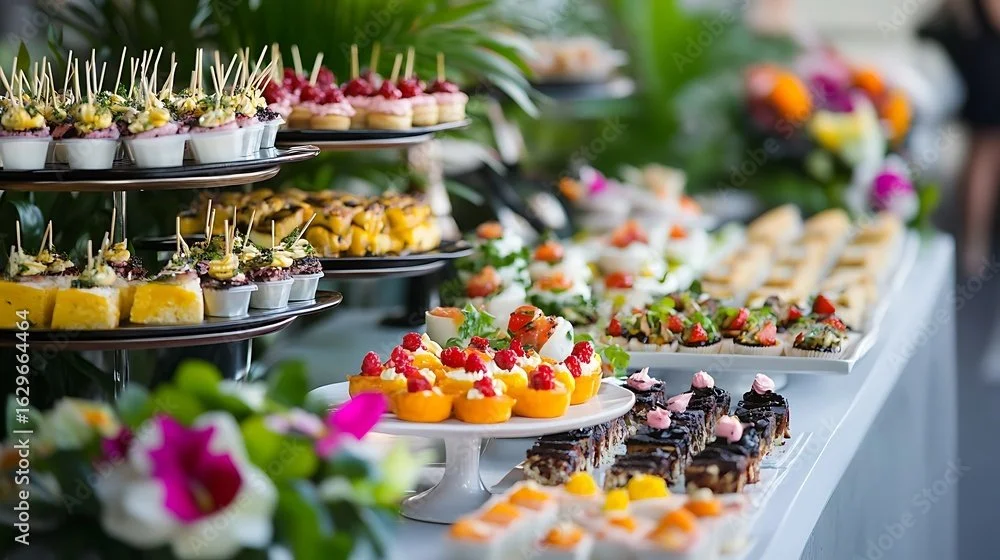 A dessert table with an assortment of colorful pastries, cakes, and fruit tarts at a catered event.