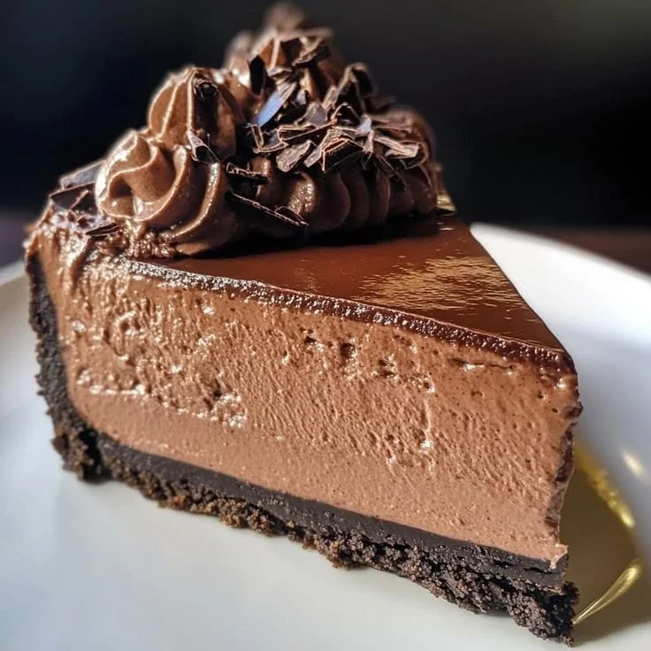 A slice of chocolate mousse cake with a glossy chocolate ganache topping, garnished with chocolate shavings on a white plate.