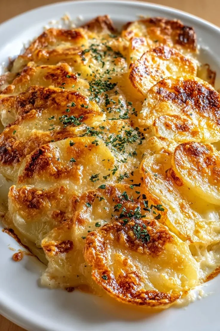 Baked potato gratin with melted cheese and sprinkled herbs