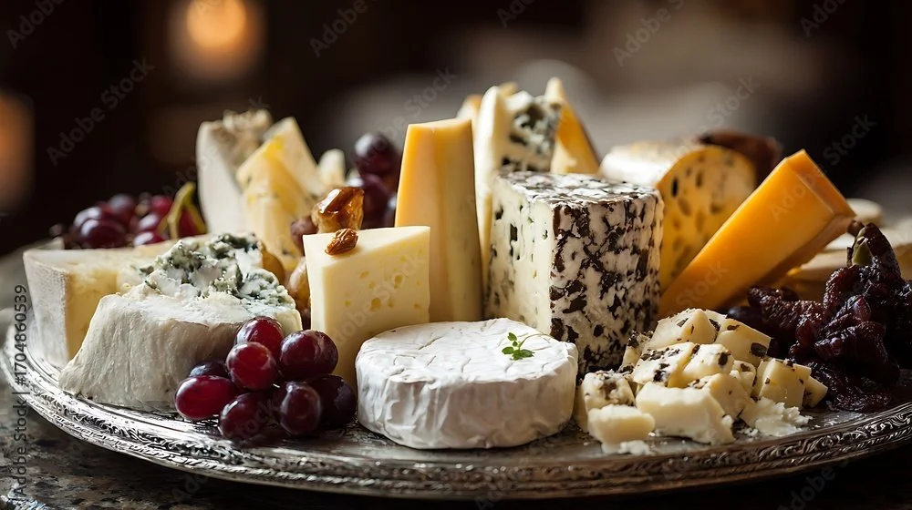 A cheese platter with a variety of cheeses, grapes, and dried fruits on a decorative silver tray.