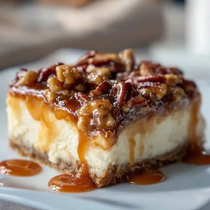 A close-up of a slice of pecan caramel cheesecake on a white plate, topped with pecans and caramel sauce.