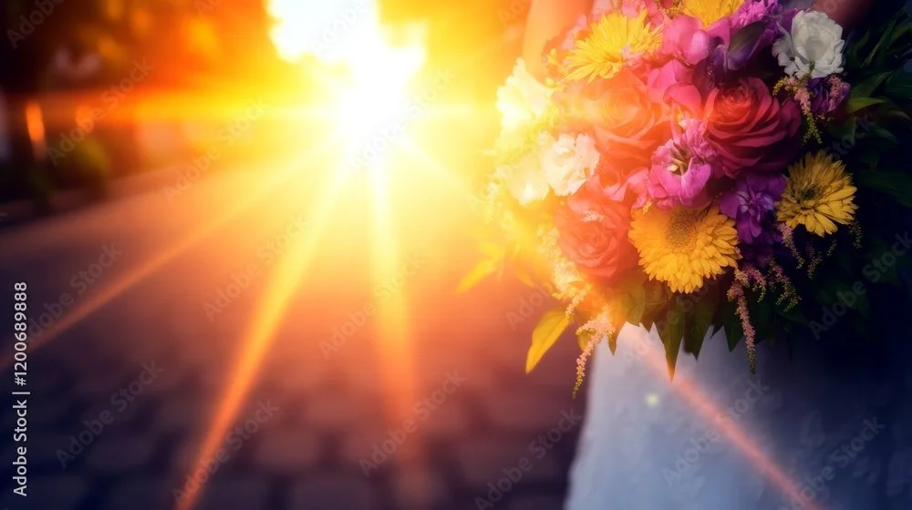 Bright sunlight shining over a colorful bouquet of flowers on a table.