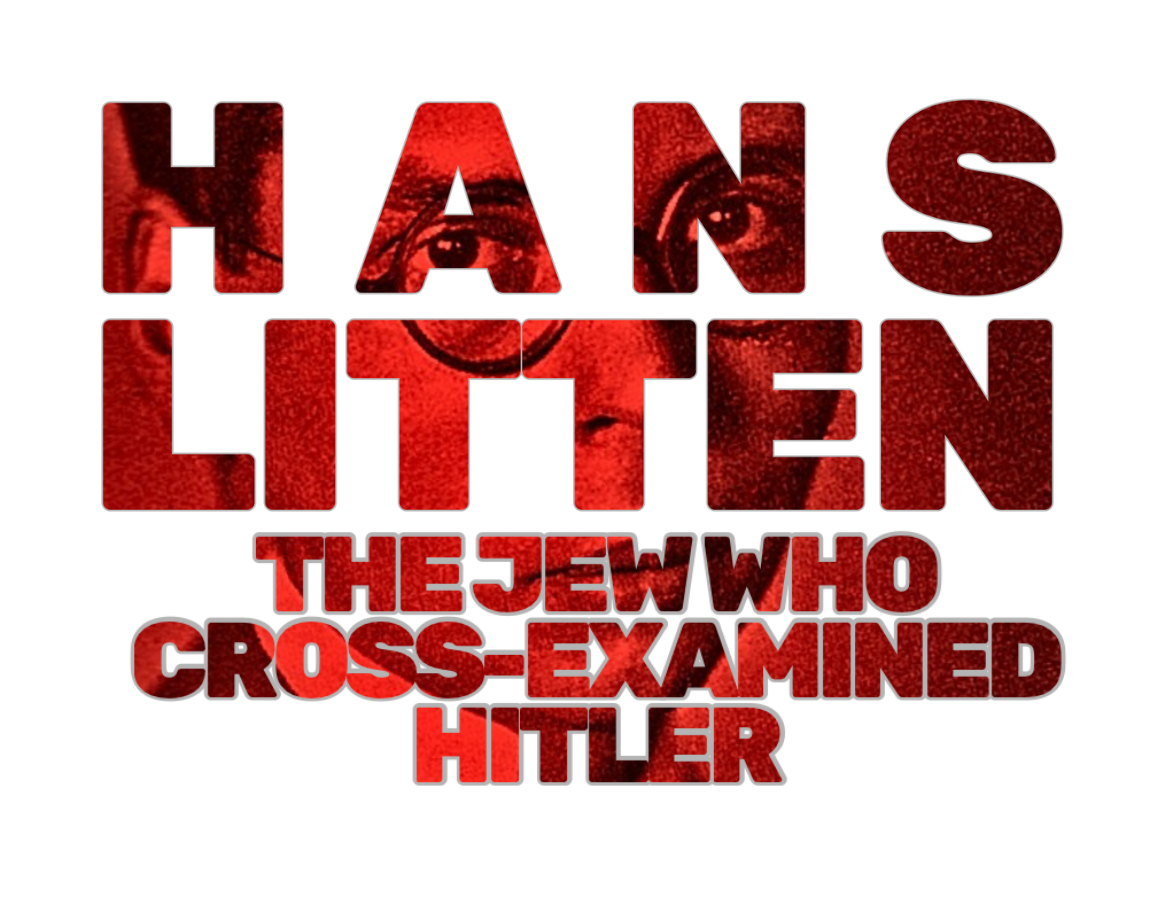 Text with a distressed appearance that reads, "HANS HITLER THE JEW WHO CROSSED EXAMINED HITLER," with an image of a person's eyes in the background.