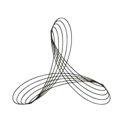 Line art illustration of an abstract shape with looping curves on a black background.