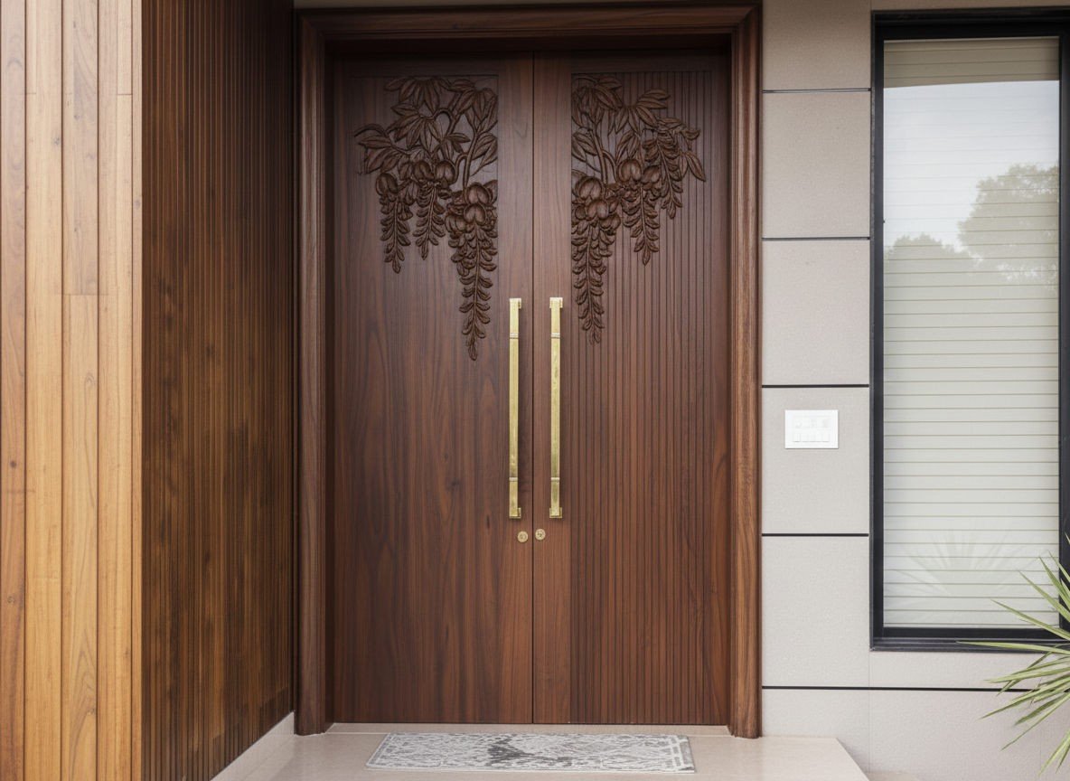 Wooden front door with carved floral designs, gold handles, and a patterned doormat in front, next to a window with blinds.
