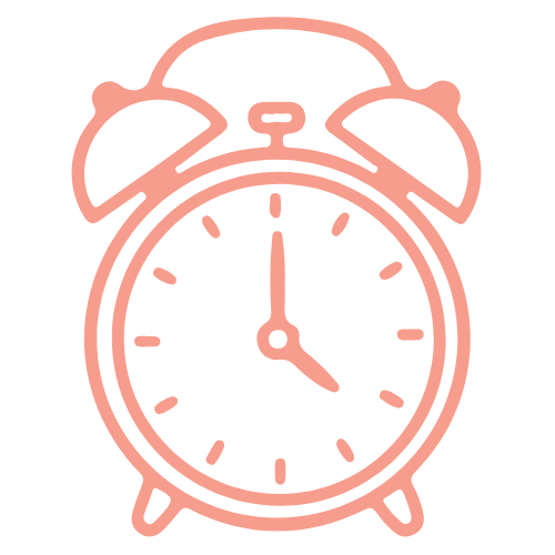 Line drawing of a pink vintage alarm clock showing 3:00.