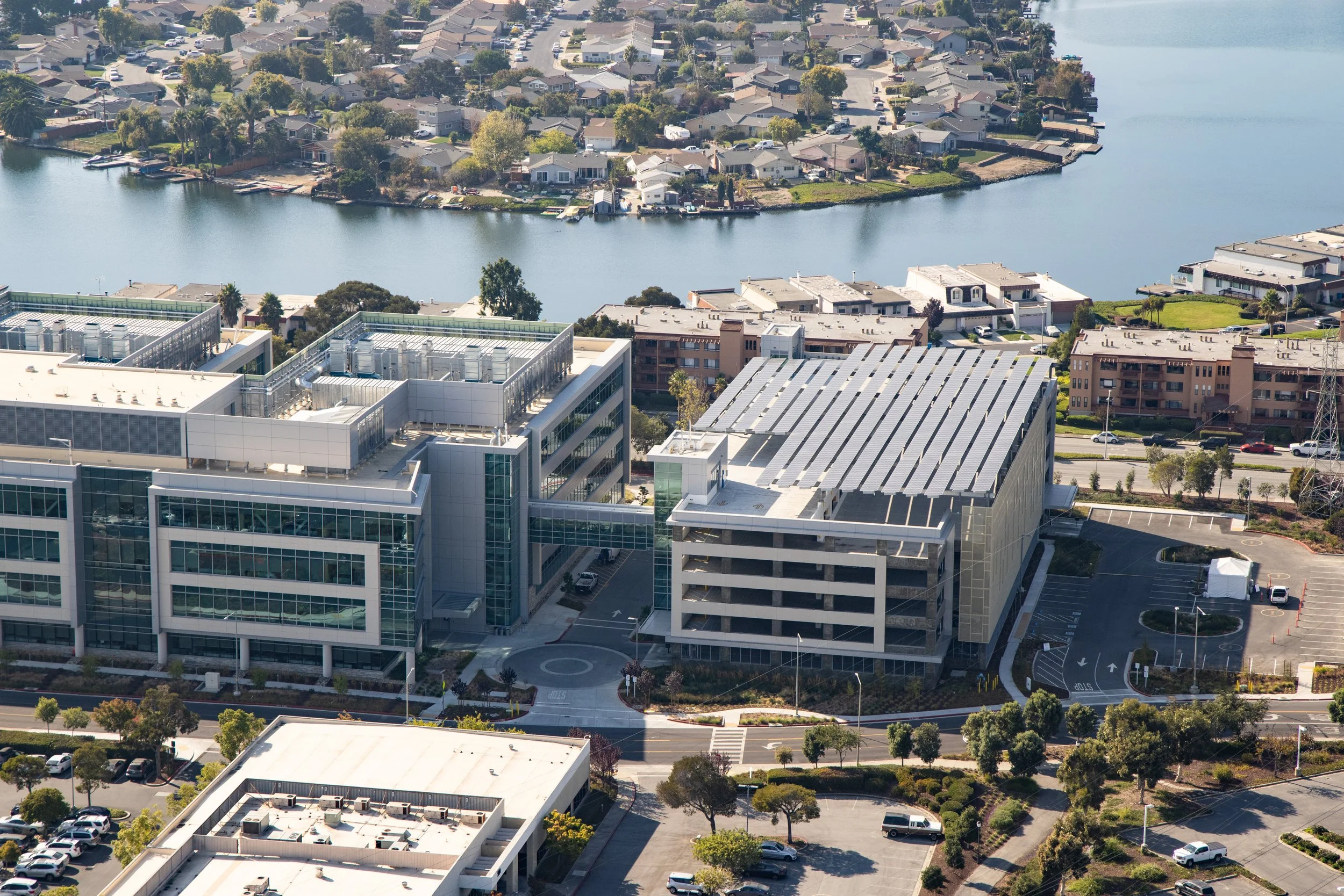 Biopharmceutical Parking Garage 324 aerial view of front façade and pedestrian bridge