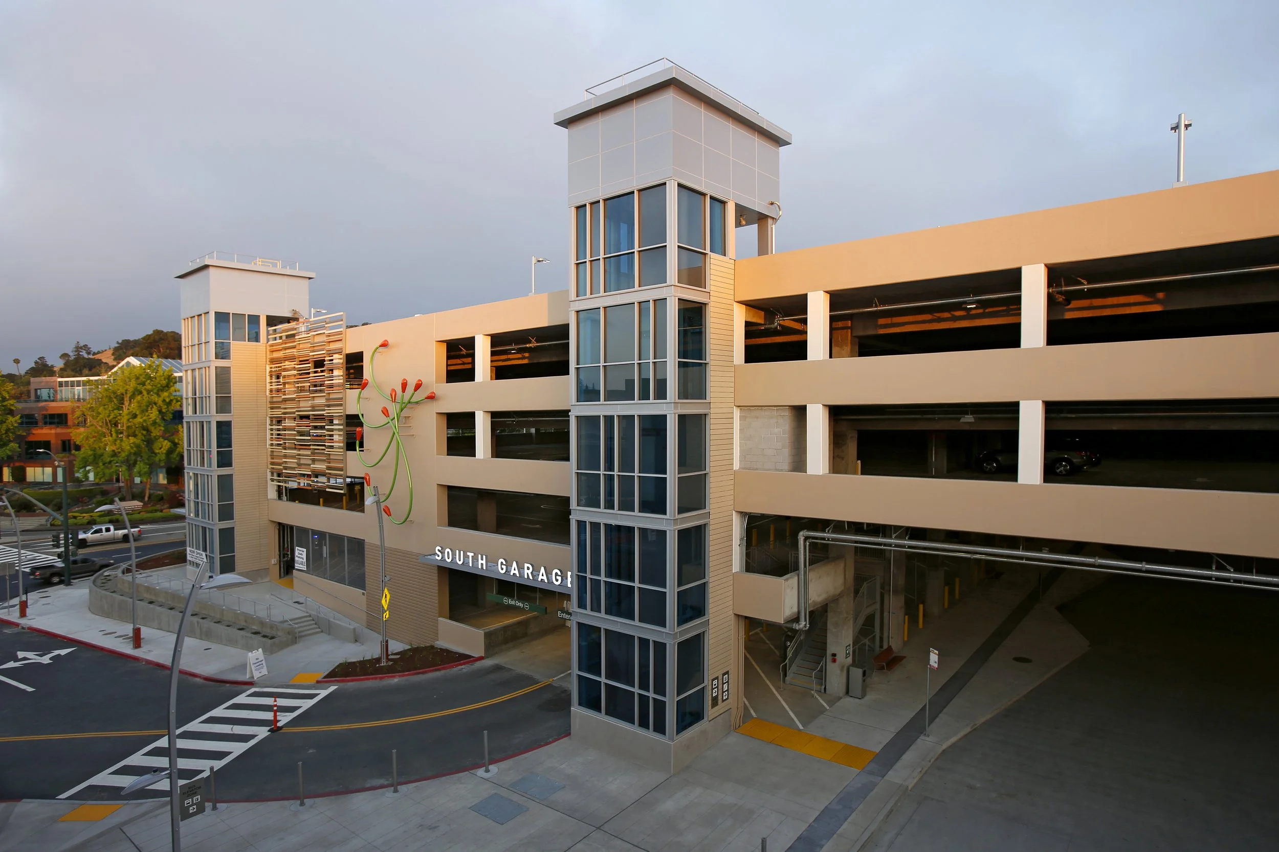 Walnut Creek Bart Station Parking Structure facade at sunset