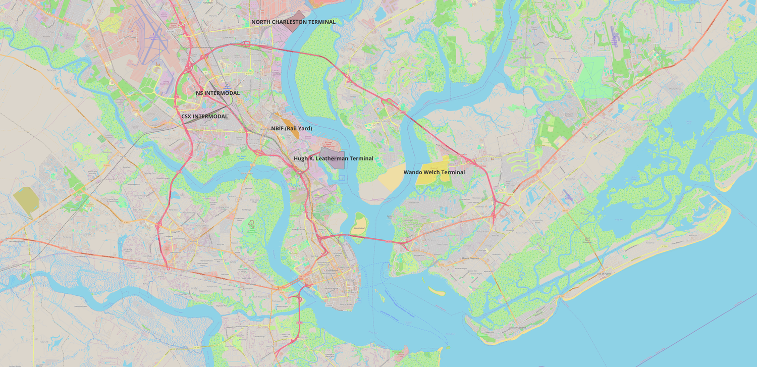 Charleston container terminals, intermodal rail yards, and I-526 routing context