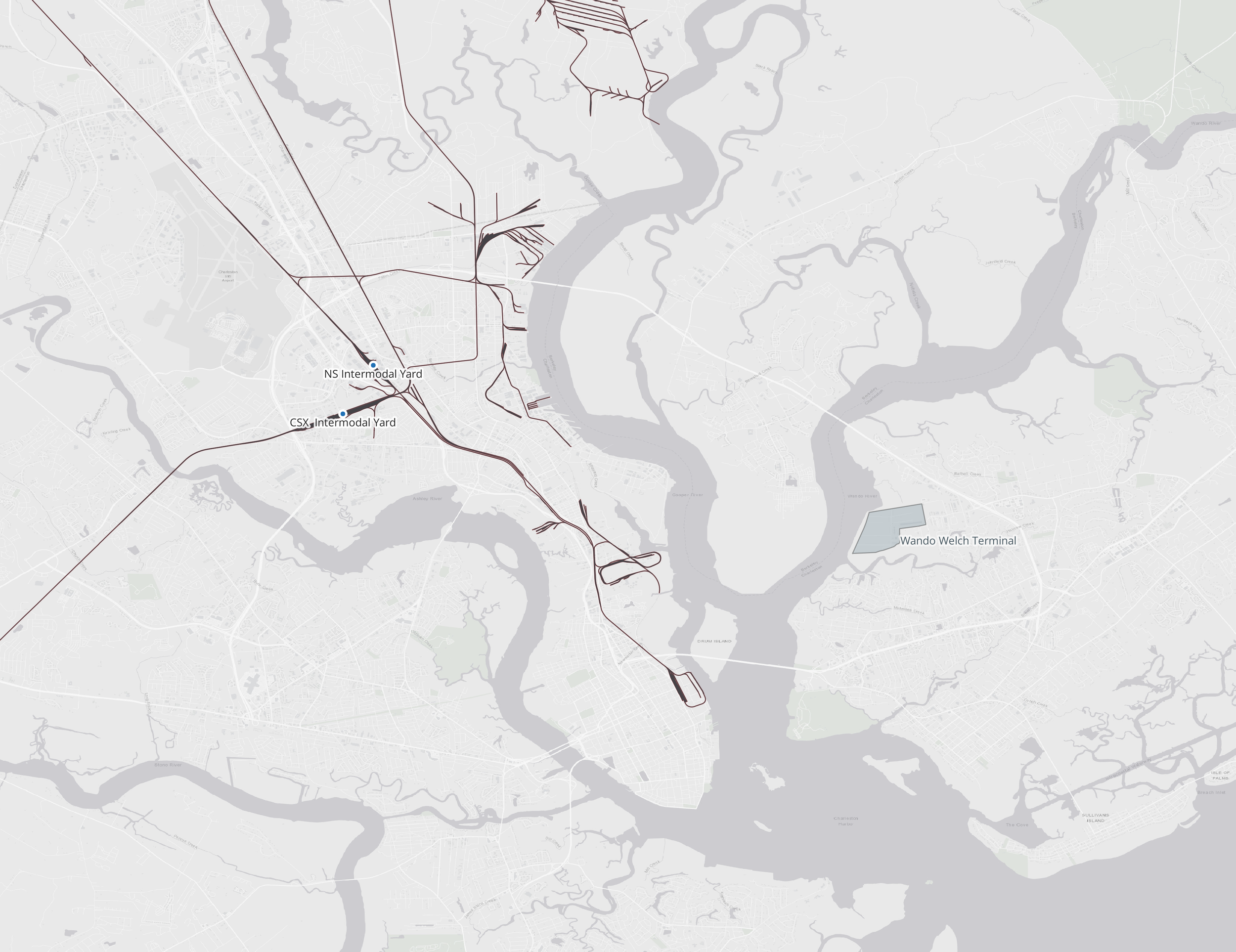 Wando Welch Terminal and intermodal rail yards relative to the Cooper River