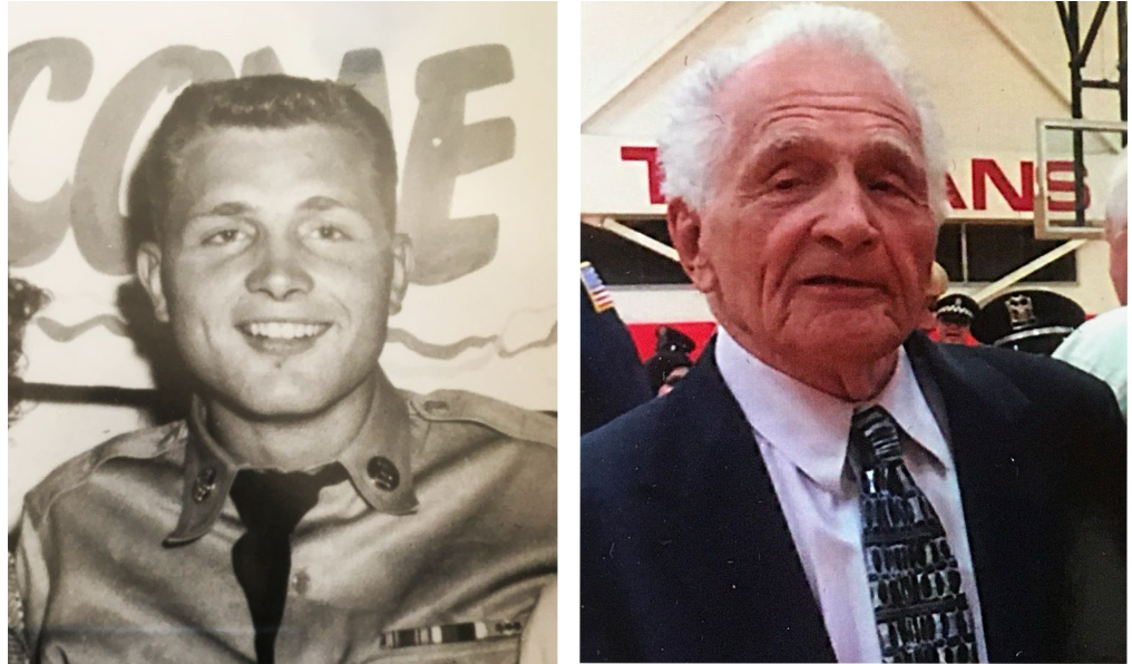 Side-by-side images of a young man in a military uniform and an elderly man in a suit at a public event.