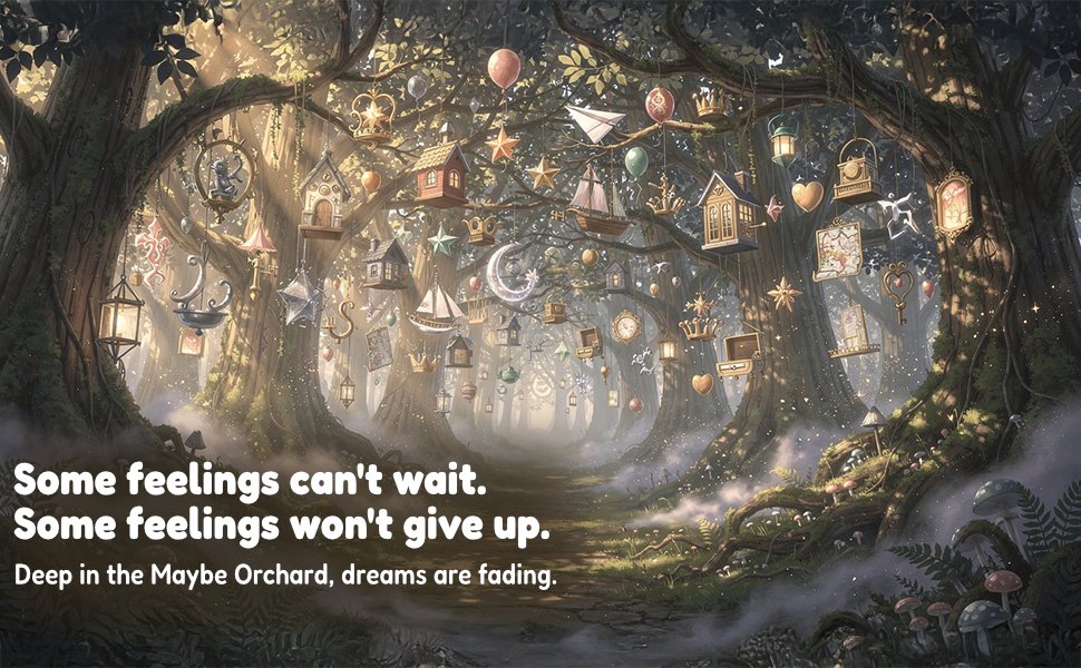 Enchanted forest scene with hanging decorative objects like lanterns, stars, hearts, houses, and boats among large tree branches. The forest is misty with a path leading through, and some glowing elements. Text overlay reads: "Some feelings can't wait. Some feelings won't give up. Deep in the Maybe Orchard, dreams are fading."