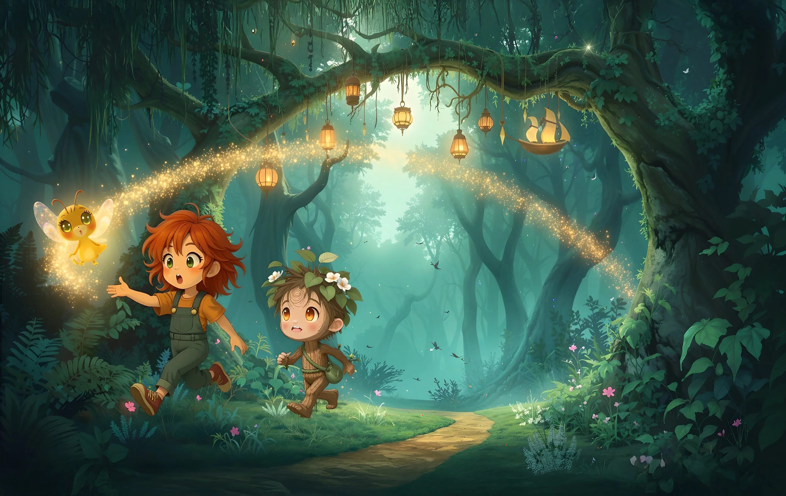 Children and a whimsical fairy in a glowing enchanted forest with hanging lanterns, flying insects, and a small boat shaped like a ship.