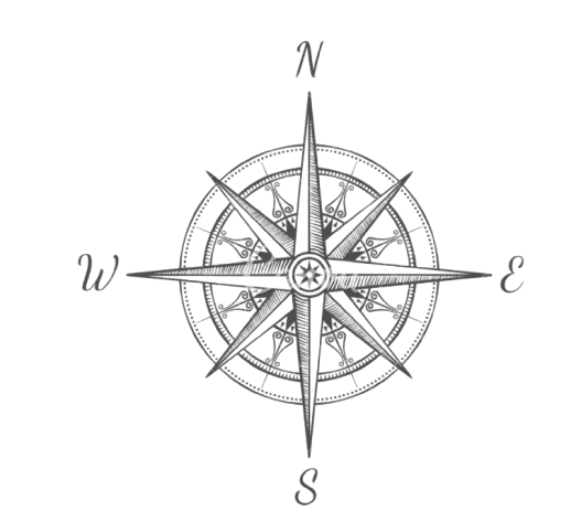 A black and white nautical compass rose diagram showing cardinal directions North, East, South, and West, with additional intermediate directions.
