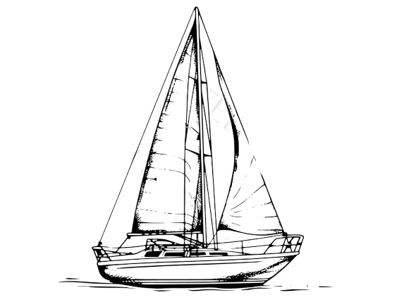 Line drawing of a sailboat with its sails up, floating on water.