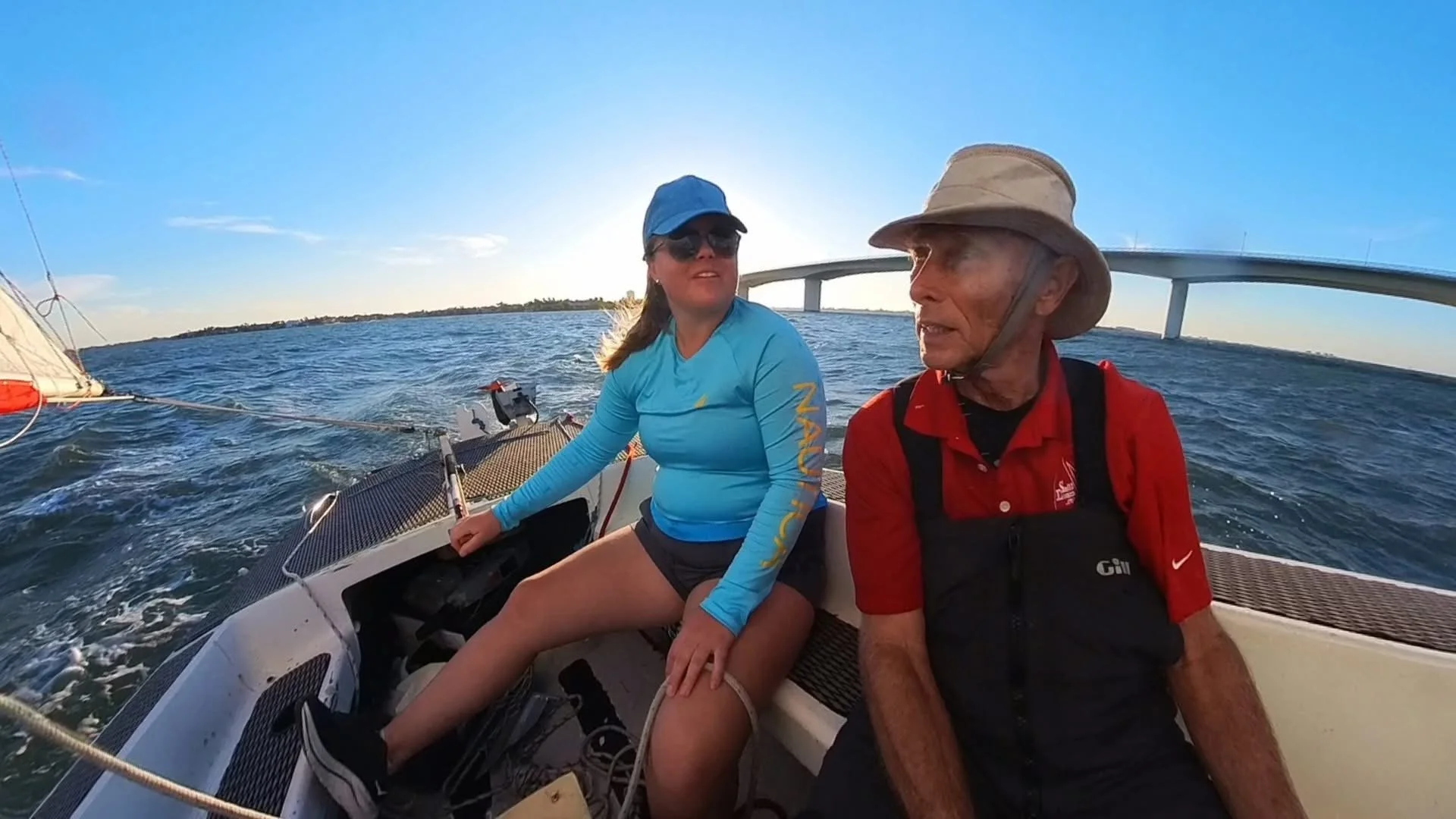 Rachel helming on a broad reach after just passing below the Ringling Bridge.