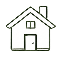 Simple line drawing of a house with a door, windows, and a chimney.