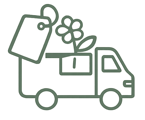 Line drawing of a truck with a flower and a price tag attached