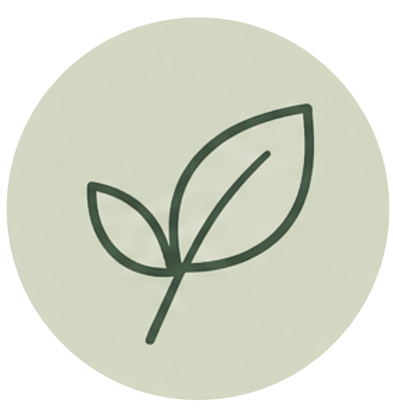 Simple line drawing of a green leaf with two smaller leaves on a light green circular background.