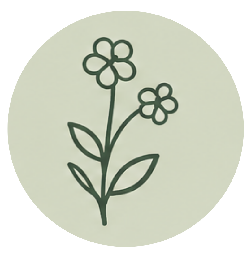 Line drawing of a small plant with two flowers and three leaves on a light background.