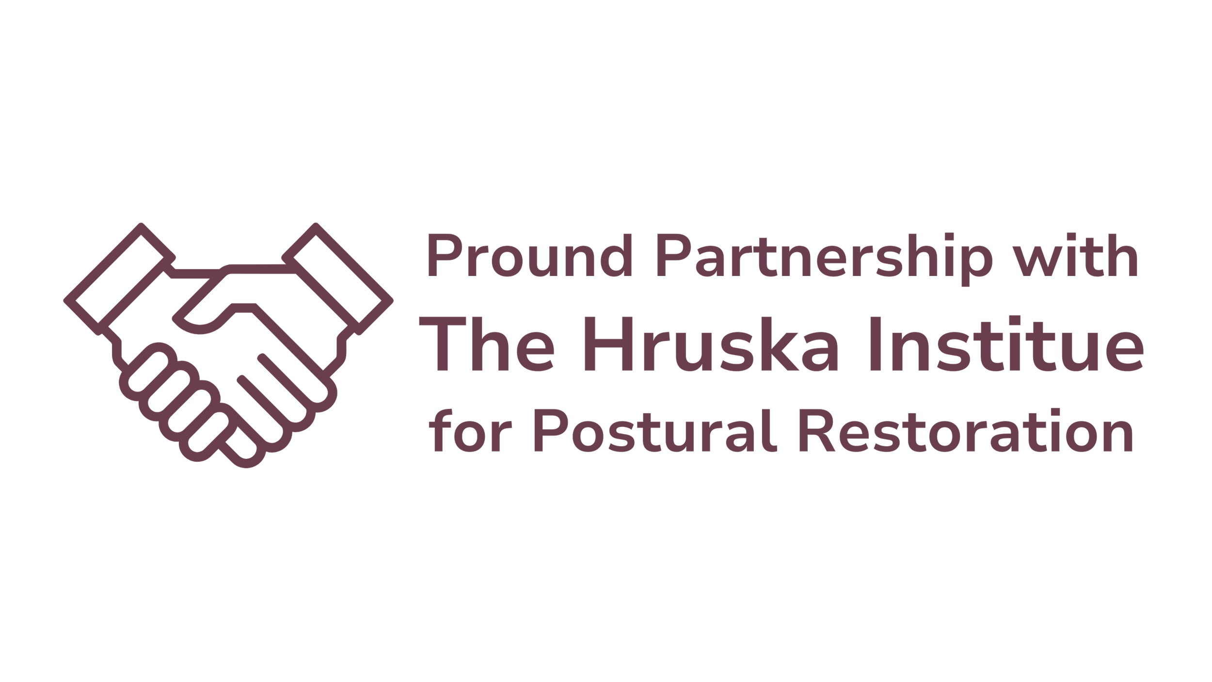 Logo with a purple outline of a handshake and text that reads "Proud Partnership with The Hruska Institute for Postural Restoration"