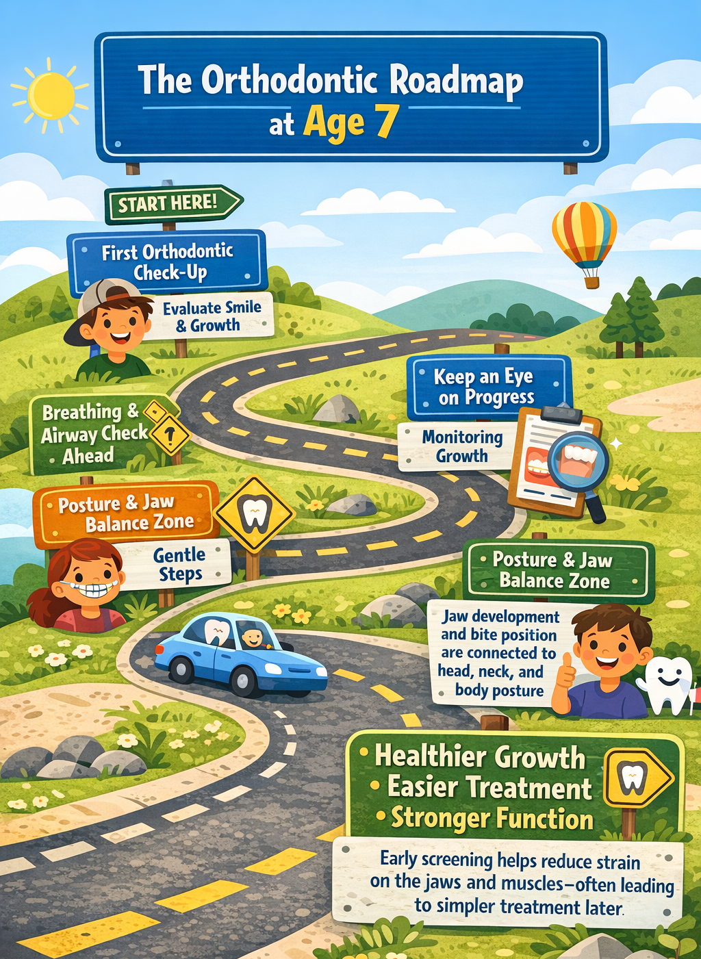 A colorful roadmap illustration titled 'The Orthodontic Roadmap at Age 7' with a winding road through green hills, trees, a hot air balloon, and children. It shows steps including start, first orthodontic check-up, evaluate smile and growth, keep an eye on progress, monitor growth, breathing and airway checks, posture and jaw balance zones, gentle steps, and healthier growth. Each step has related text and icons.
