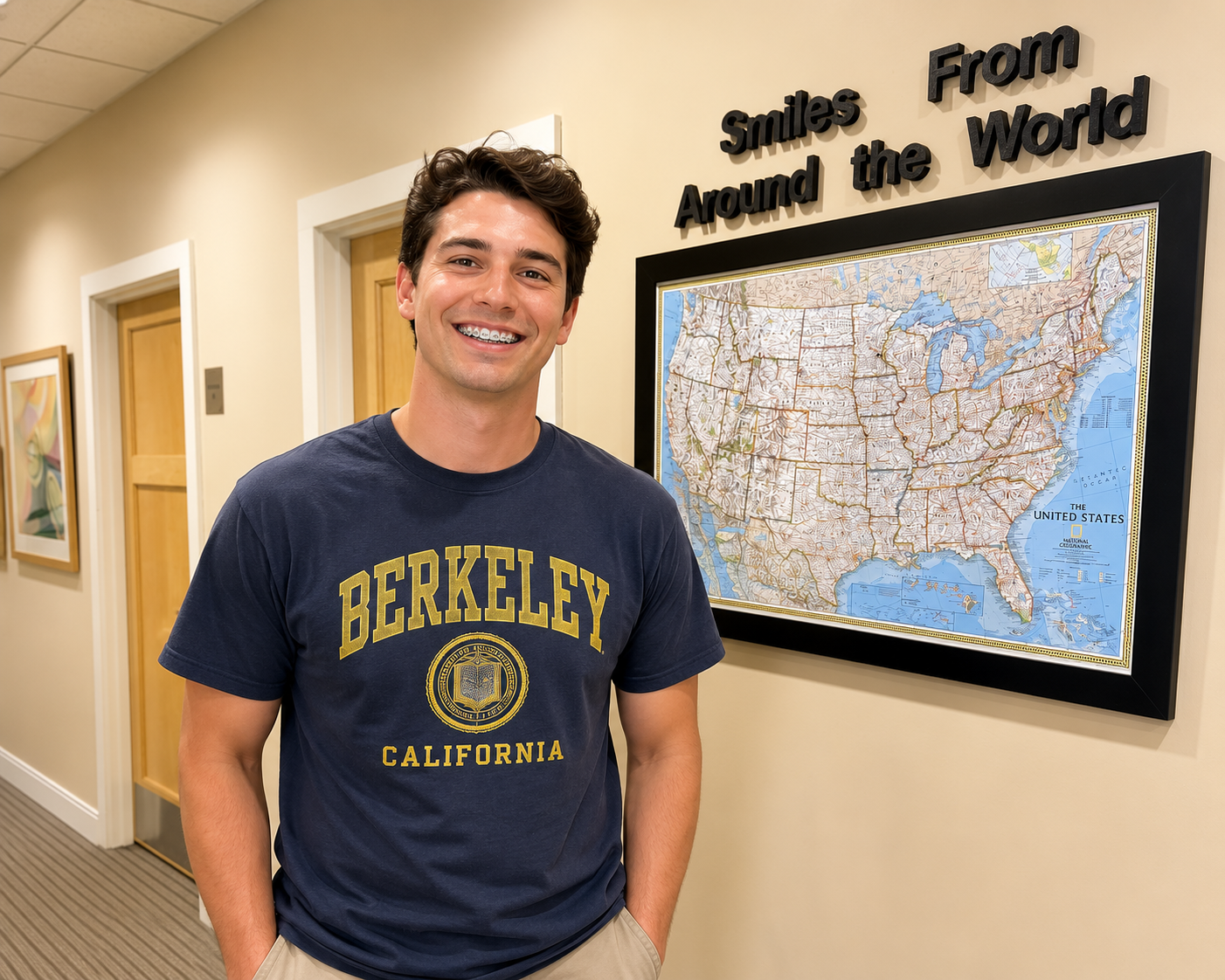 A young man smiling, wearing a navy blue T-shirt that says 'Berkeley California,' standing in front of a map of the United States on a beige wall, with black 3D letters above it reading 'Smiles Around the World.'