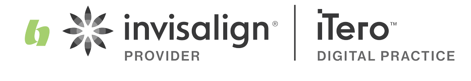 Logos for Invisalign Provider and iTero Digital Practice with a green stylized 'h' and a black flower design.