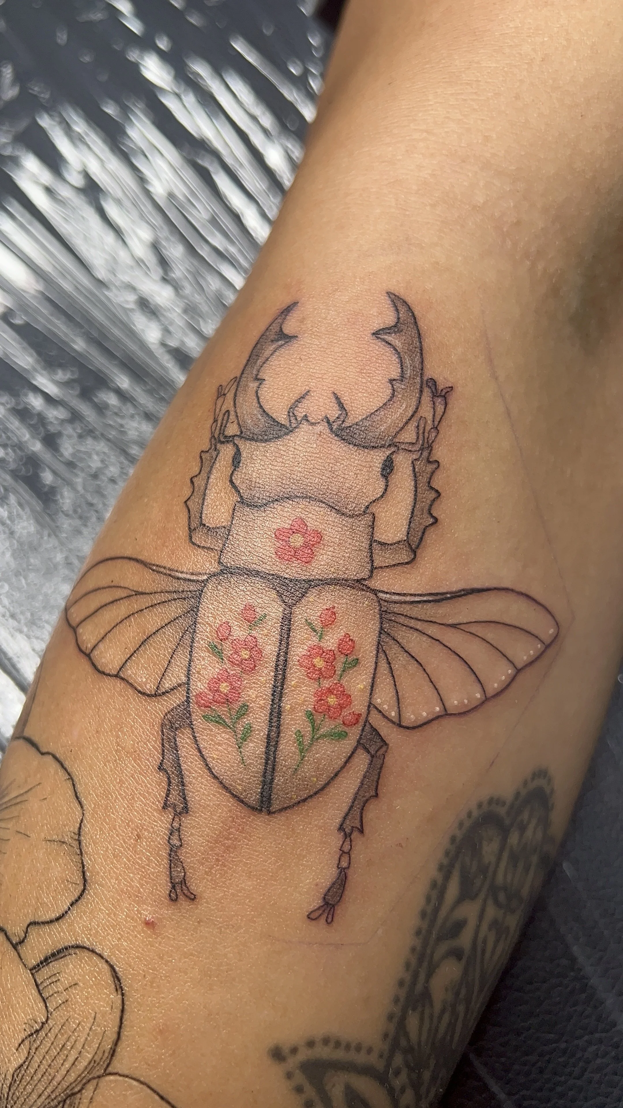 Fine line frloral beetle tattoo with blooming flowers inside the shell, custom botanical black and grey tattoo.