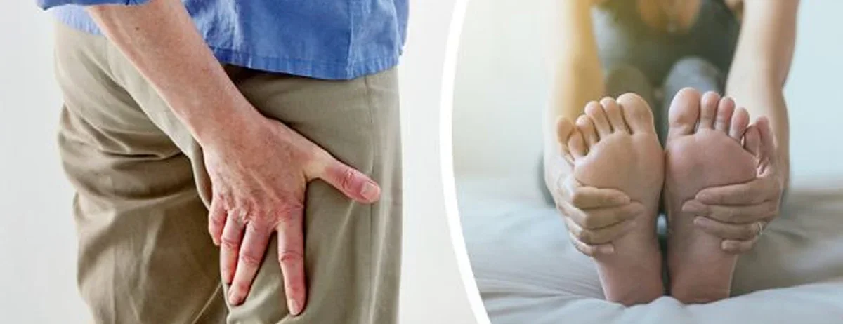 Side-by-side images showing a person holding their hip or thigh area, indicating pain, and a person lying on their stomach holding their feet, possibly experiencing discomfort or stretching.