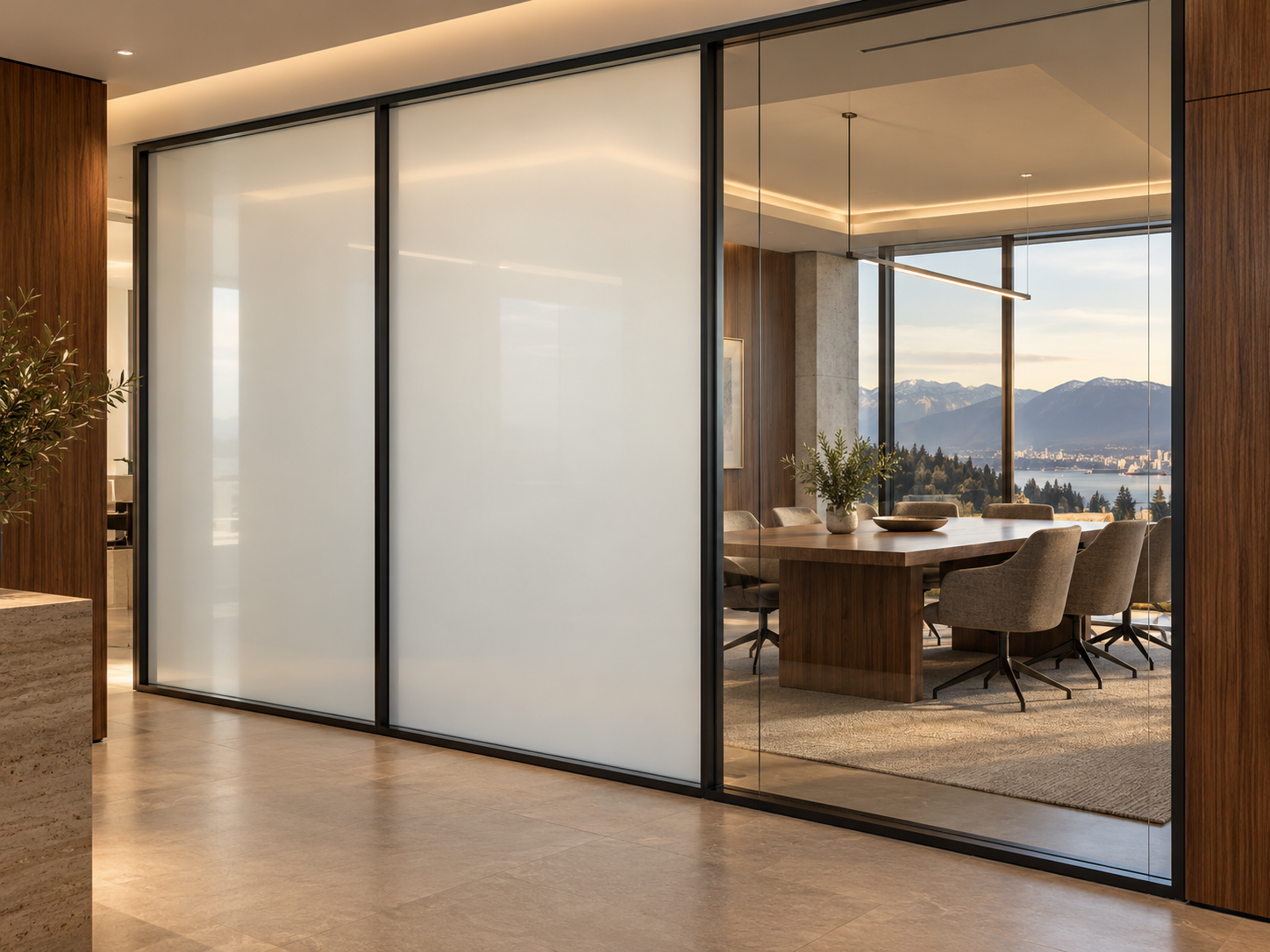 Modern office glass partitions with frosted smart privacy film, creating private meeting spaces while maintaining a contemporary design.
