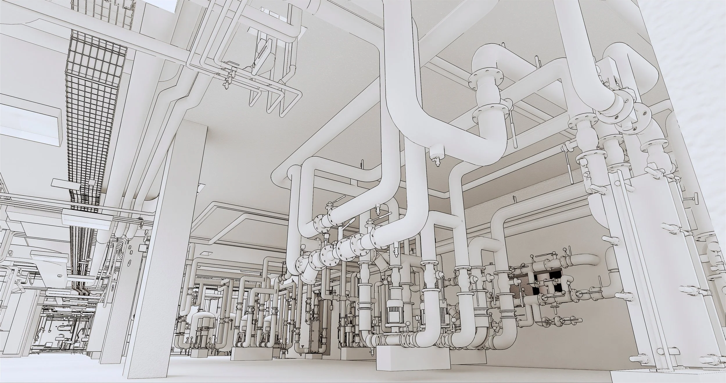 A detailed black and white technical drawing of an industrial piping system with various pipes, valves, and fittings in a mechanical or engineering facility.