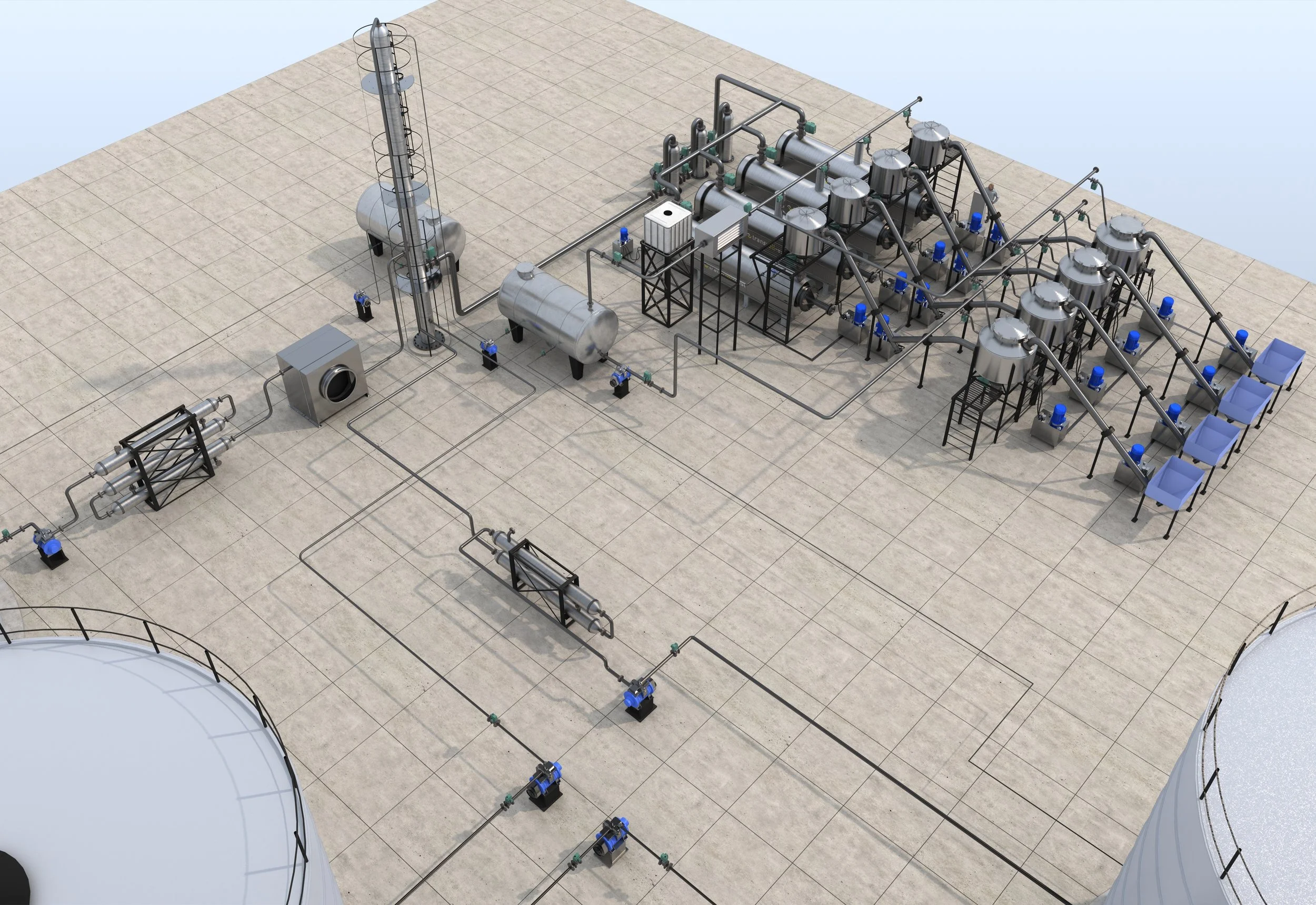 Industrial facility with pipelines, tanks, and processing equipment on a tiled outdoor platform.