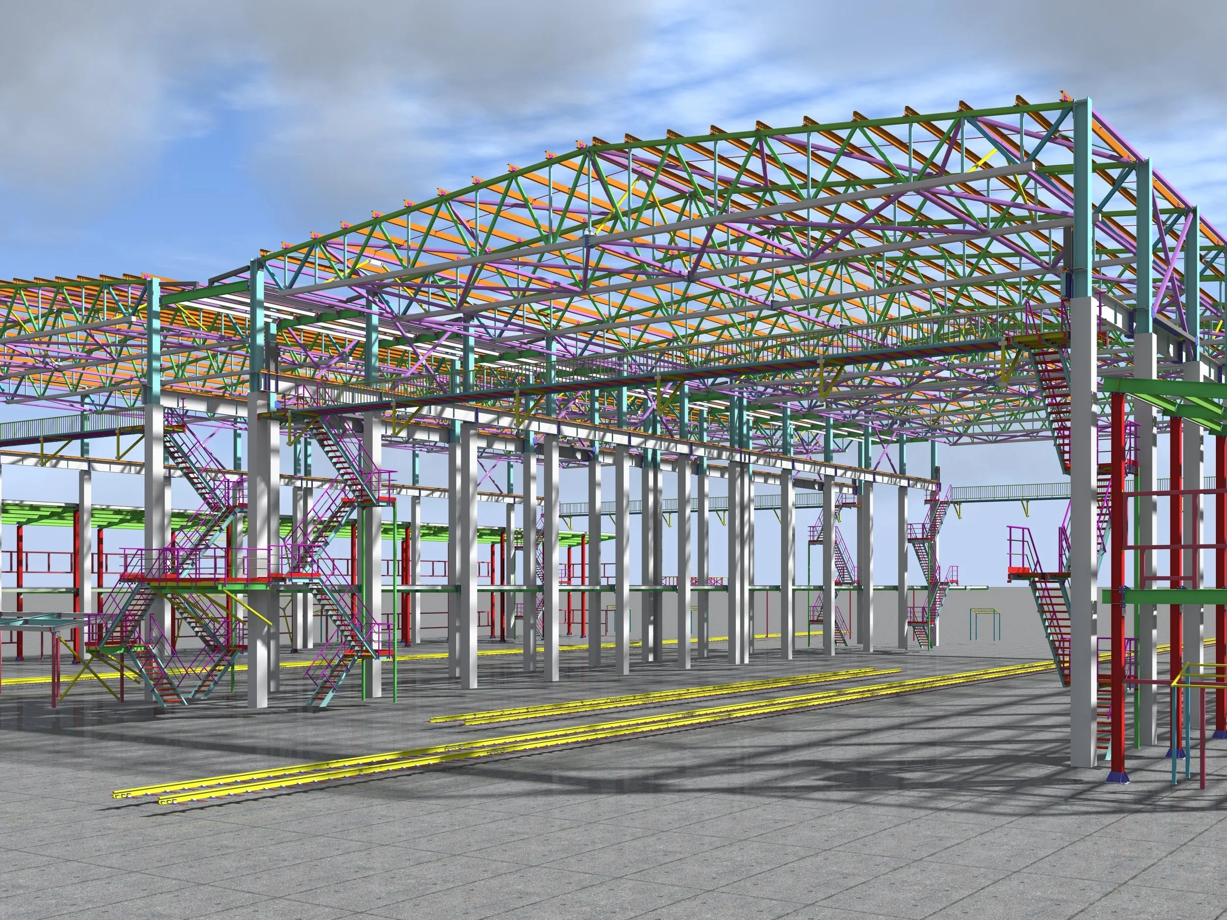 A colorful steel framework construction site with multiple staircases, platforms, and beams under a blue sky with clouds.