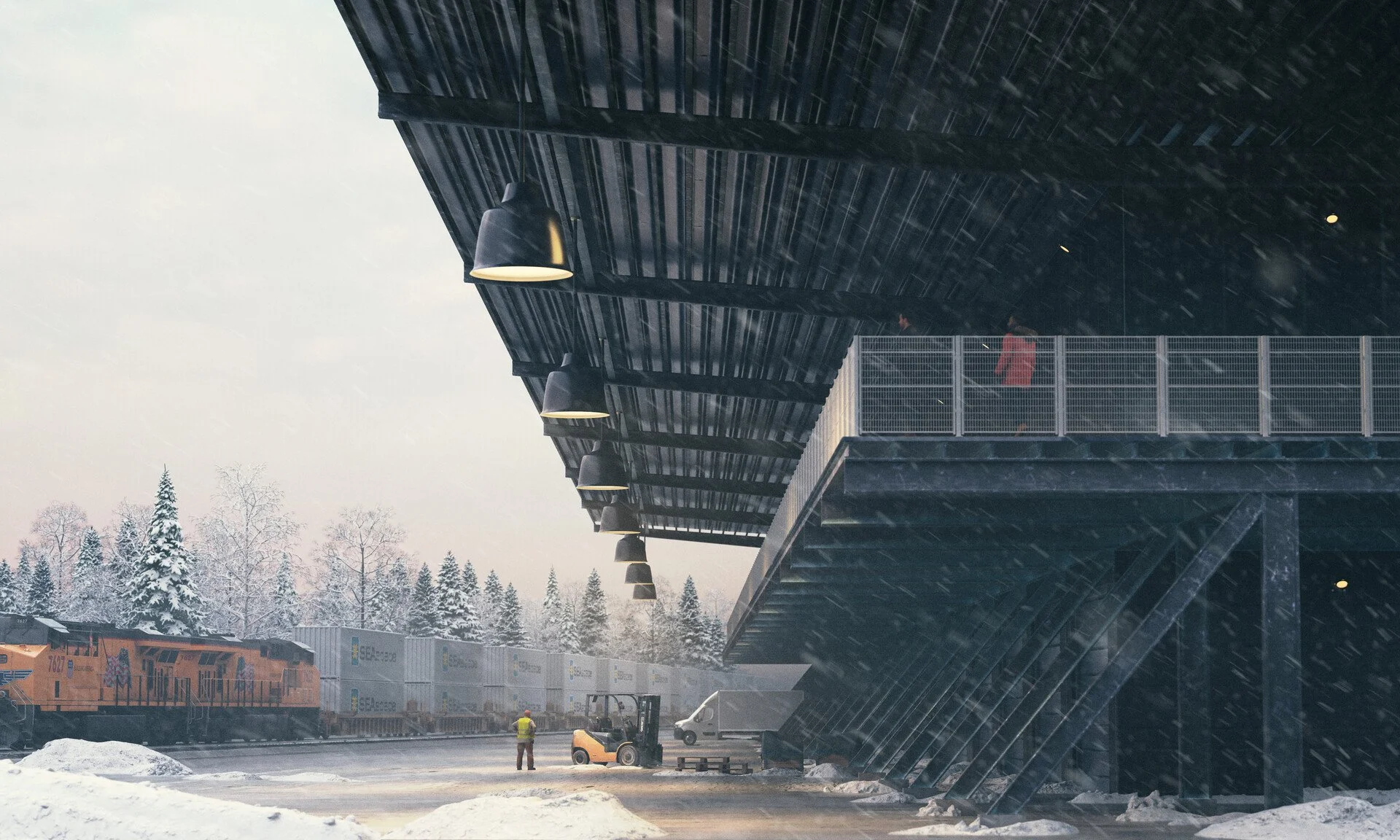 Snowy outdoor scene with a modern building, train, forklift, and two workers in safety vests with trees in the background.