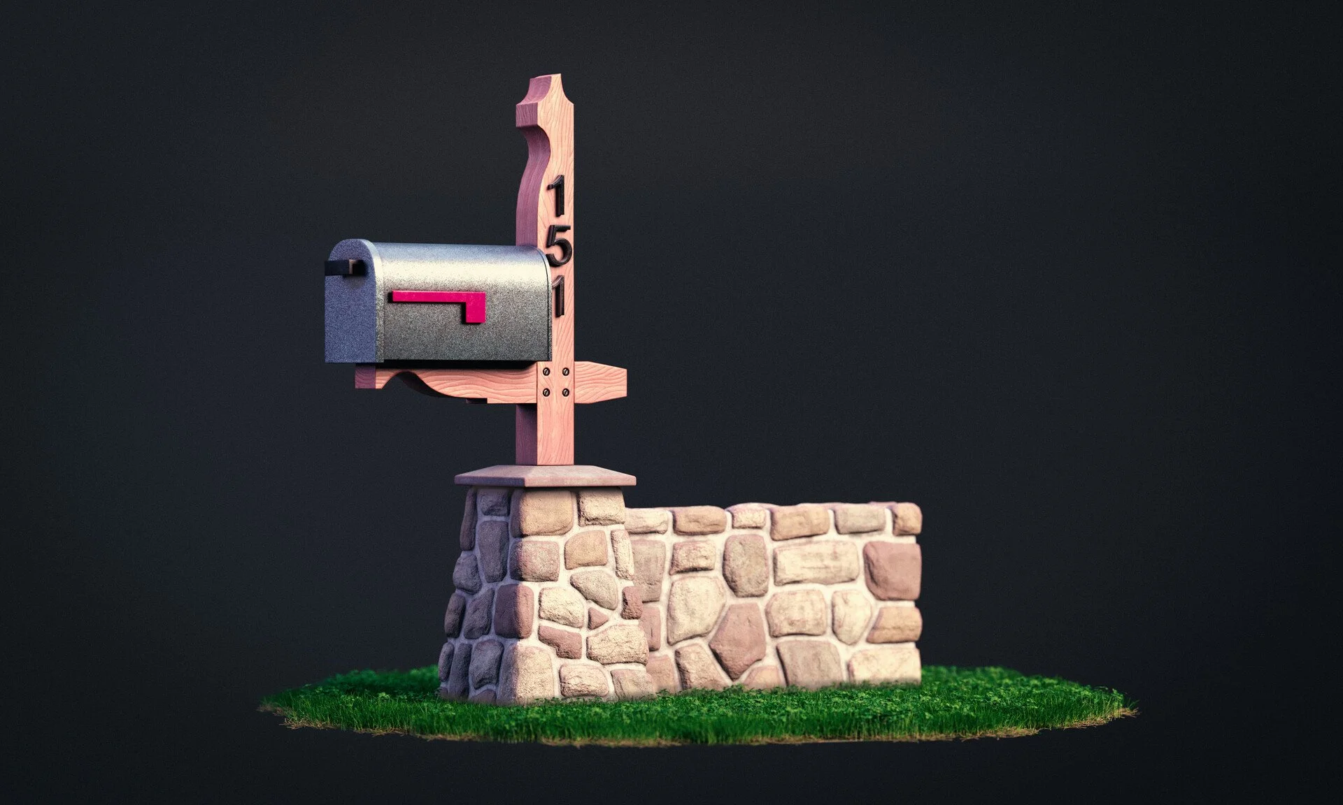 A miniature model of a mailbox on a stone base with a wooden post and a stone wall, set on a small patch of green grass against a dark background.